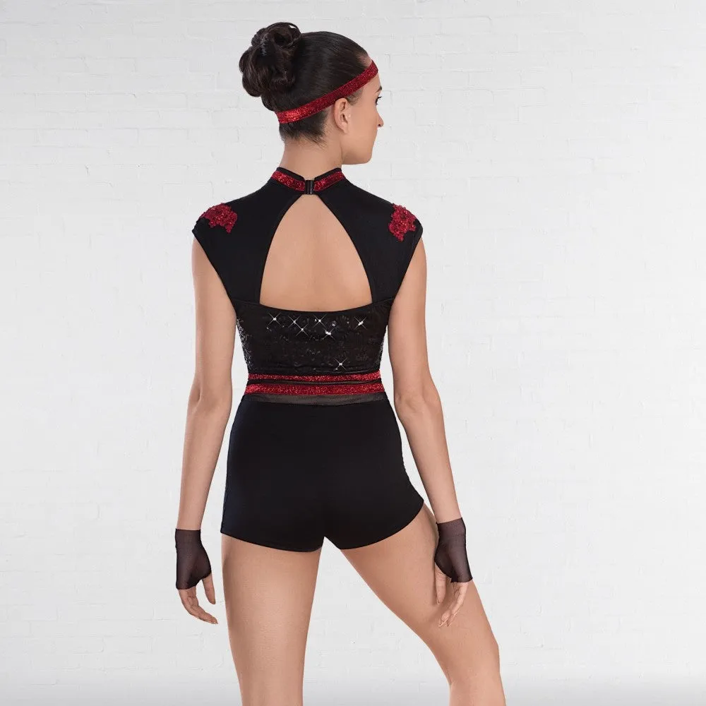 1st Position Black & Red Cap Sleeved Sequin Dance Unitard with Cutaway Panels