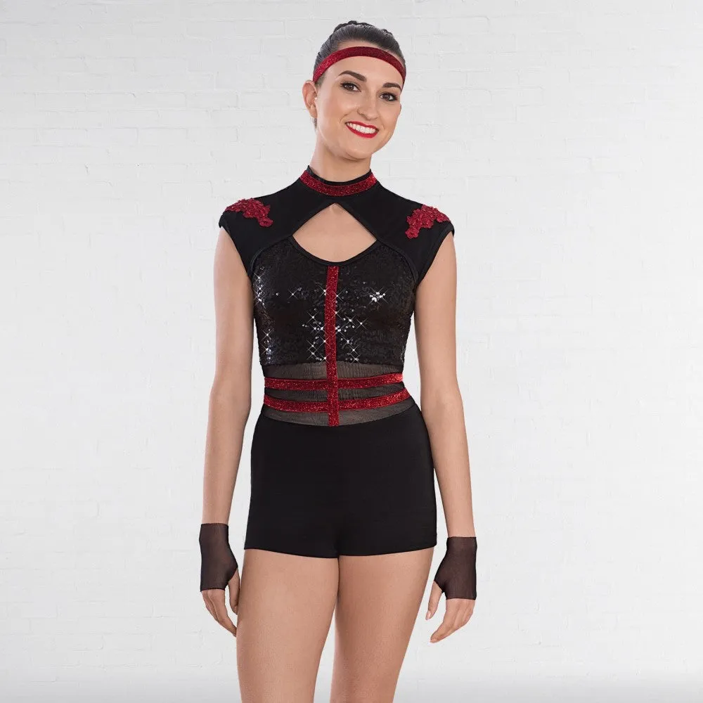 1st Position Black & Red Cap Sleeved Sequin Dance Unitard with Cutaway Panels