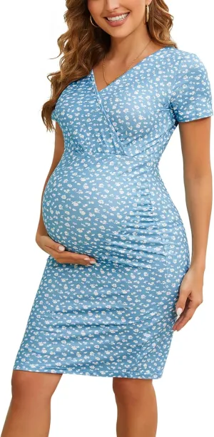 2025 Women's V Neck Short Sleeves Floral Maternity Wrap Dress, Boho Maternity Bodycon Dress for Baby Shower