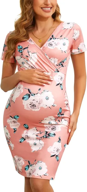 2025 Women's V Neck Short Sleeves Floral Maternity Wrap Dress, Boho Maternity Bodycon Dress for Baby Shower