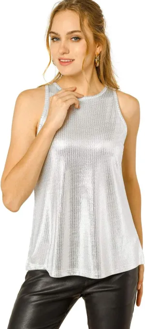Allegra K Women's Metallic Tank Tops Shiny Sleeveless Party Disco Shirt