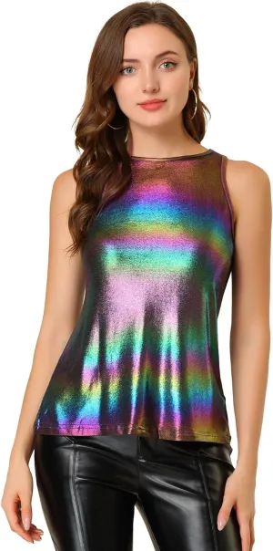 Allegra K Women's Metallic Tank Tops Shiny Sleeveless Party Disco Shirt