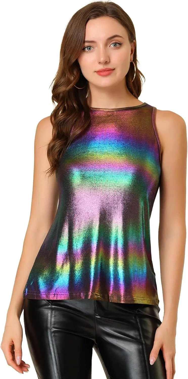 Allegra K Women's Metallic Tank Tops Shiny Sleeveless Party Disco Shirt