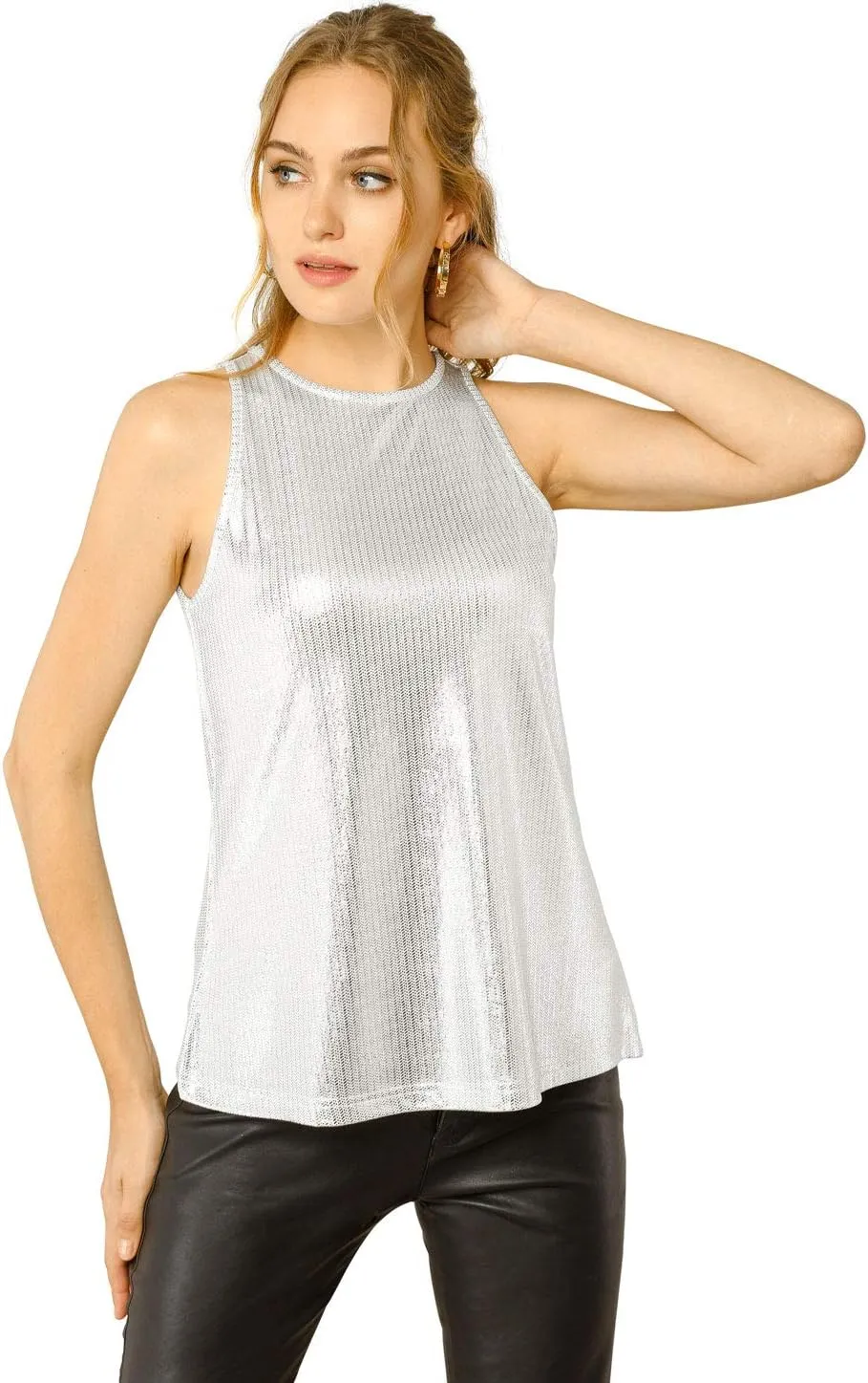 Allegra K Women's Metallic Tank Tops Shiny Sleeveless Party Disco Shirt