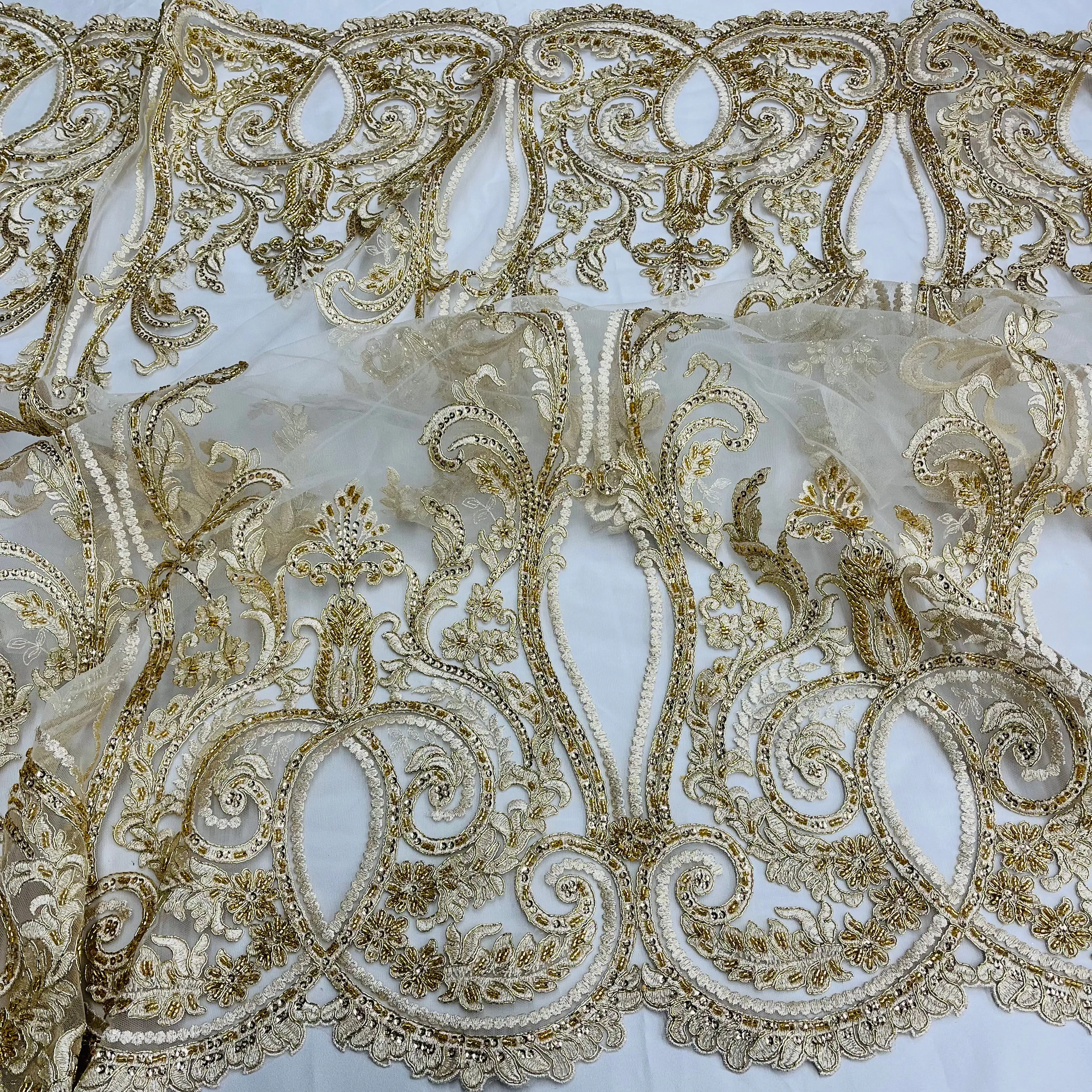 Beaded & Corded Bridal Lace Fabric Embroidered on 100% Polyester Net Mesh | Lace USA - 97206W-HB