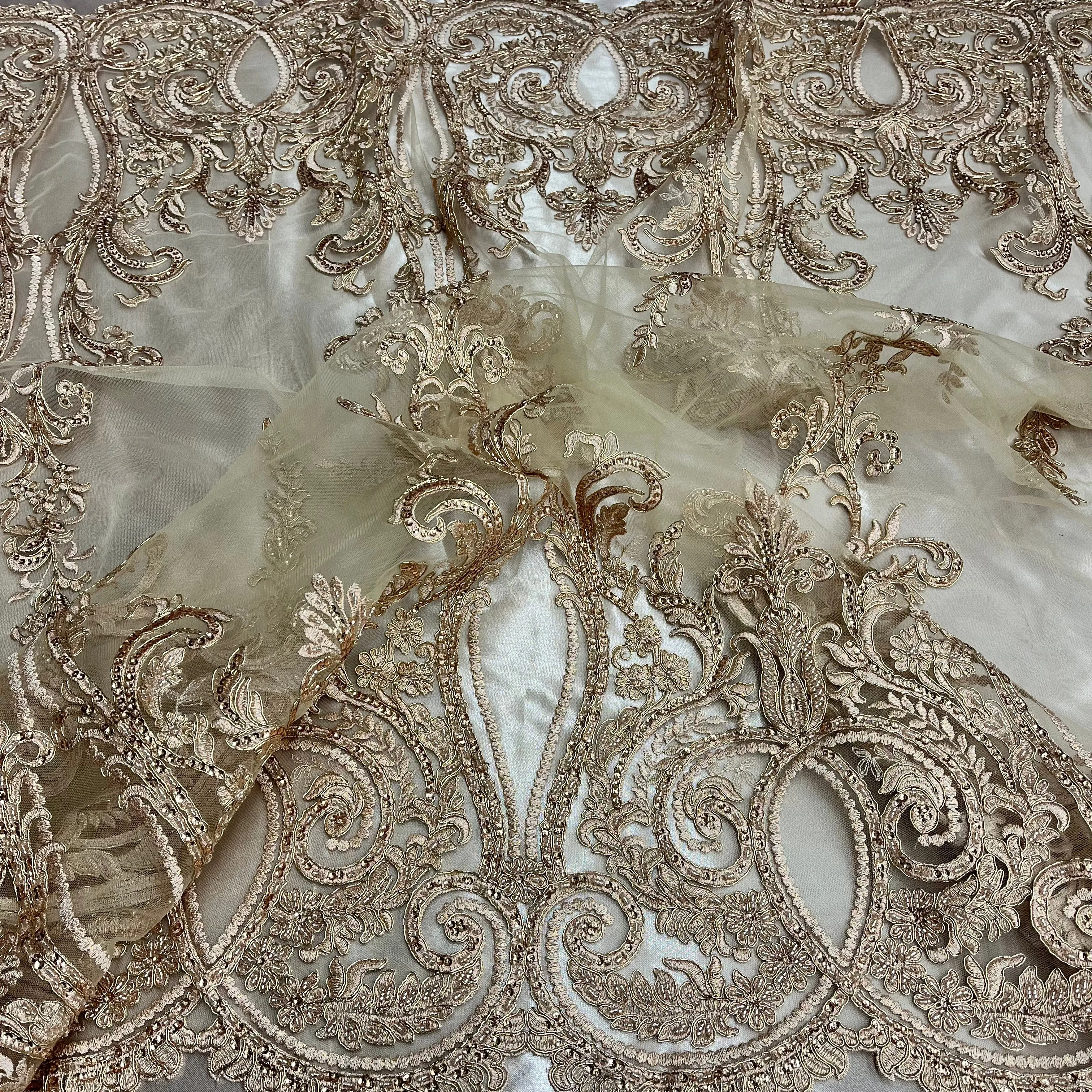 Beaded & Corded Bridal Lace Fabric Embroidered on 100% Polyester Net Mesh | Lace USA - 97206W-HB