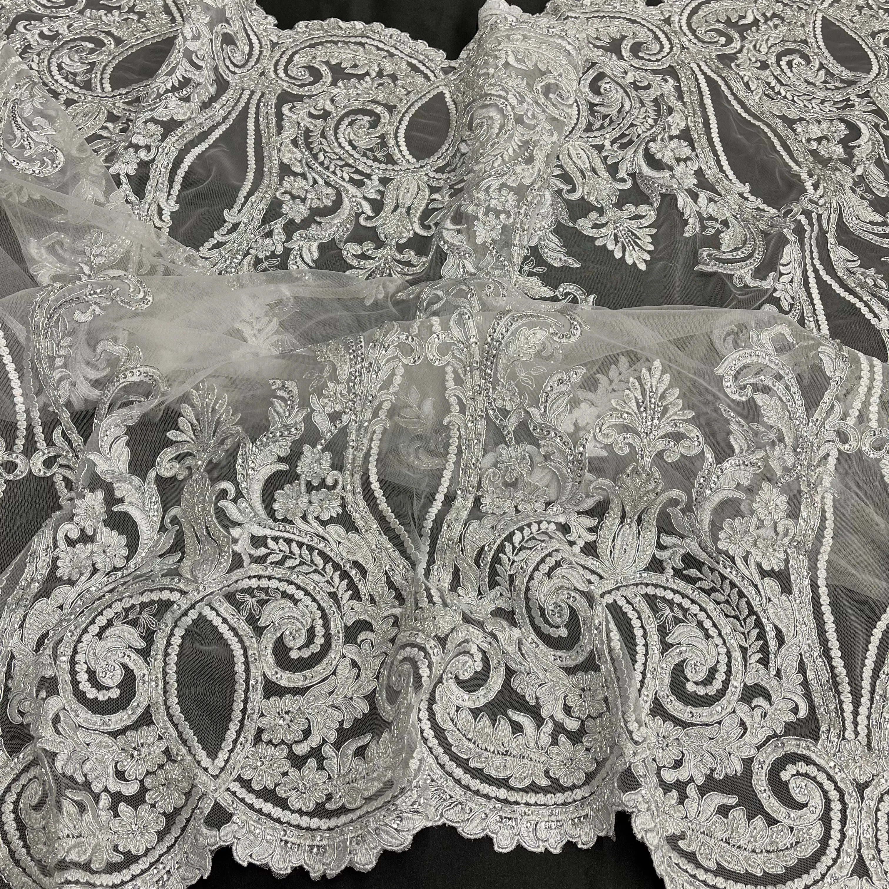 Beaded & Corded Bridal Lace Fabric Embroidered on 100% Polyester Net Mesh | Lace USA - 97206W-HB