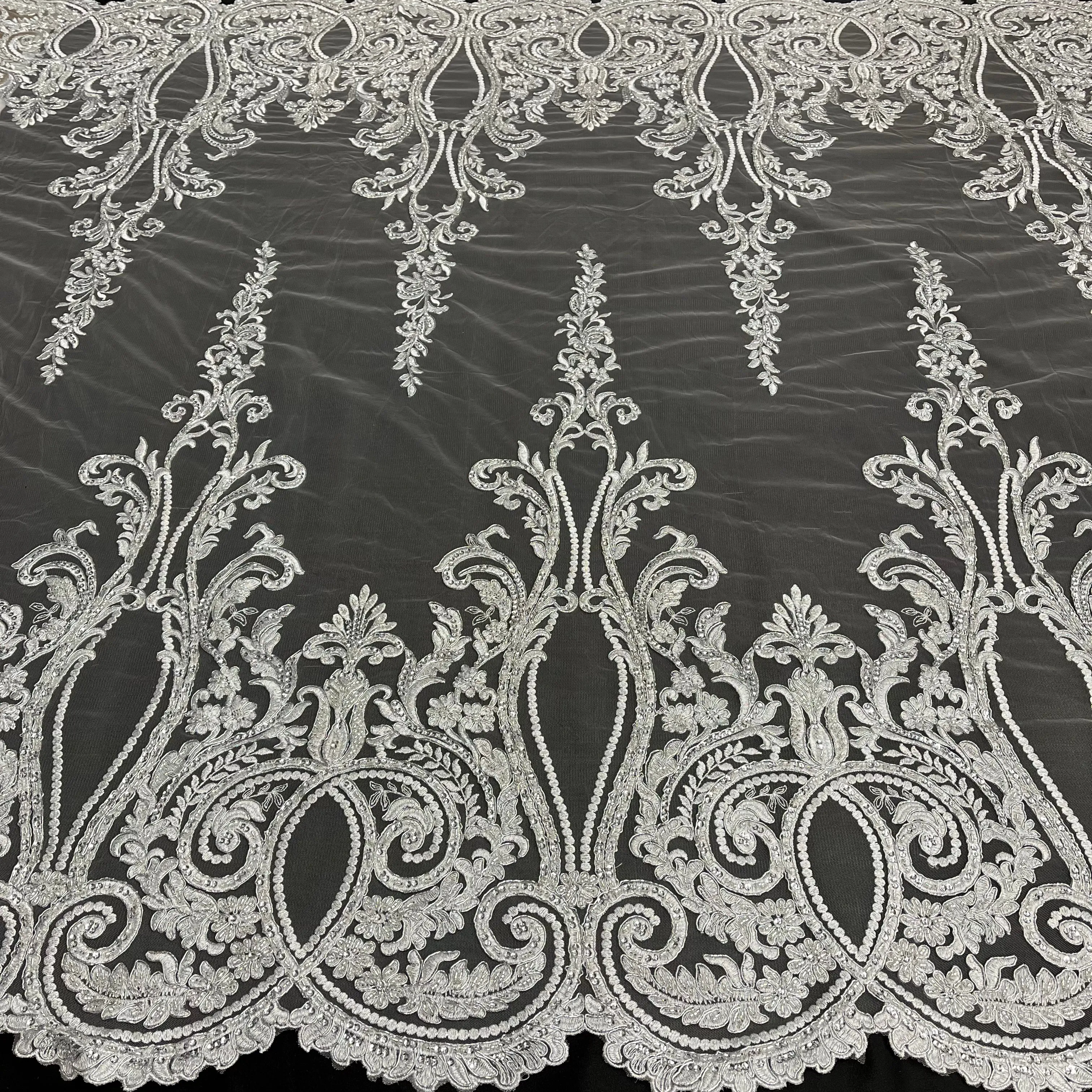 Beaded & Corded Bridal Lace Fabric Embroidered on 100% Polyester Net Mesh | Lace USA - 97206W-HB
