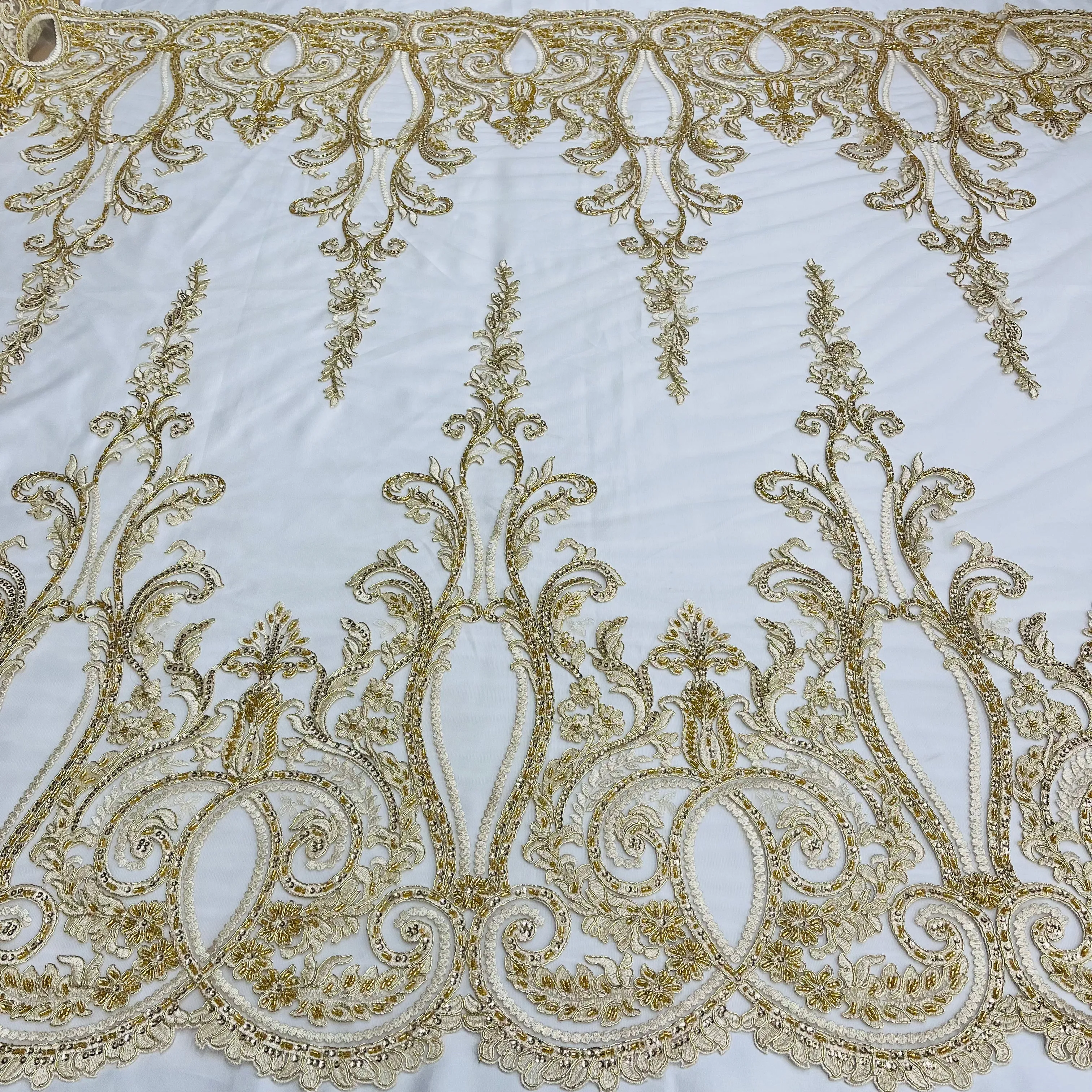 Beaded & Corded Bridal Lace Fabric Embroidered on 100% Polyester Net Mesh | Lace USA - 97206W-HB