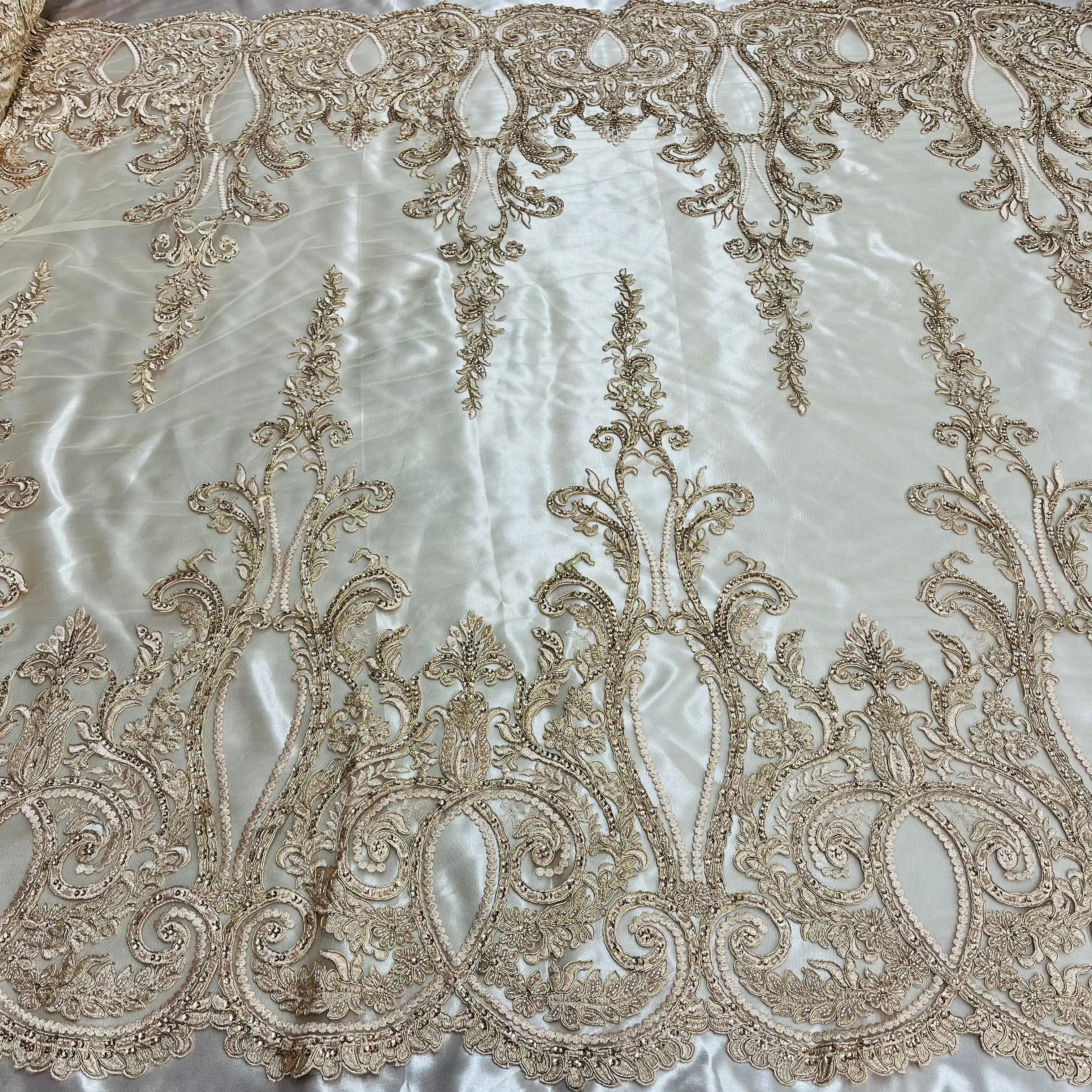 Beaded & Corded Bridal Lace Fabric Embroidered on 100% Polyester Net Mesh | Lace USA - 97206W-HB
