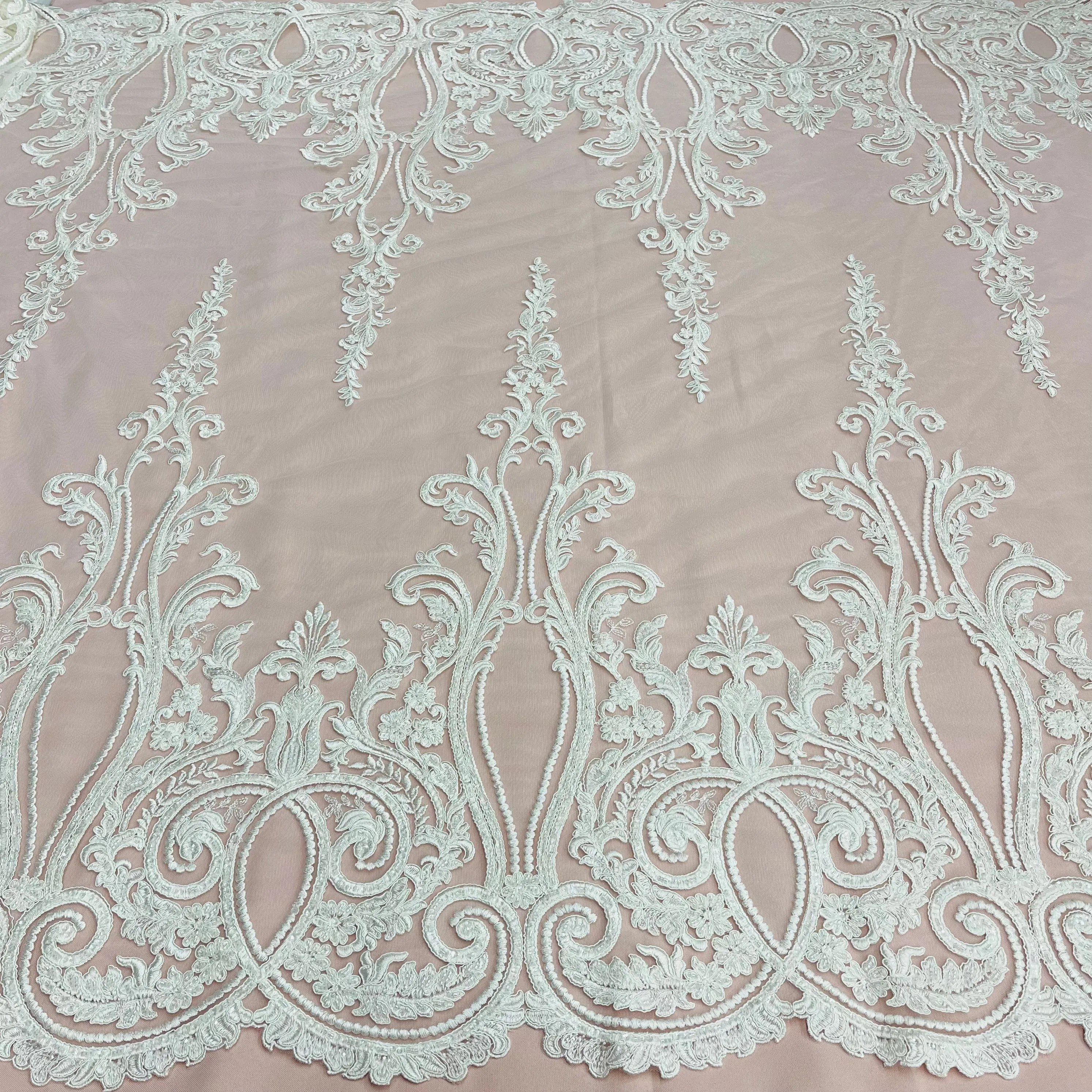Beaded & Corded Bridal Lace Fabric Embroidered on 100% Polyester Net Mesh | Lace USA - 97206W-HB