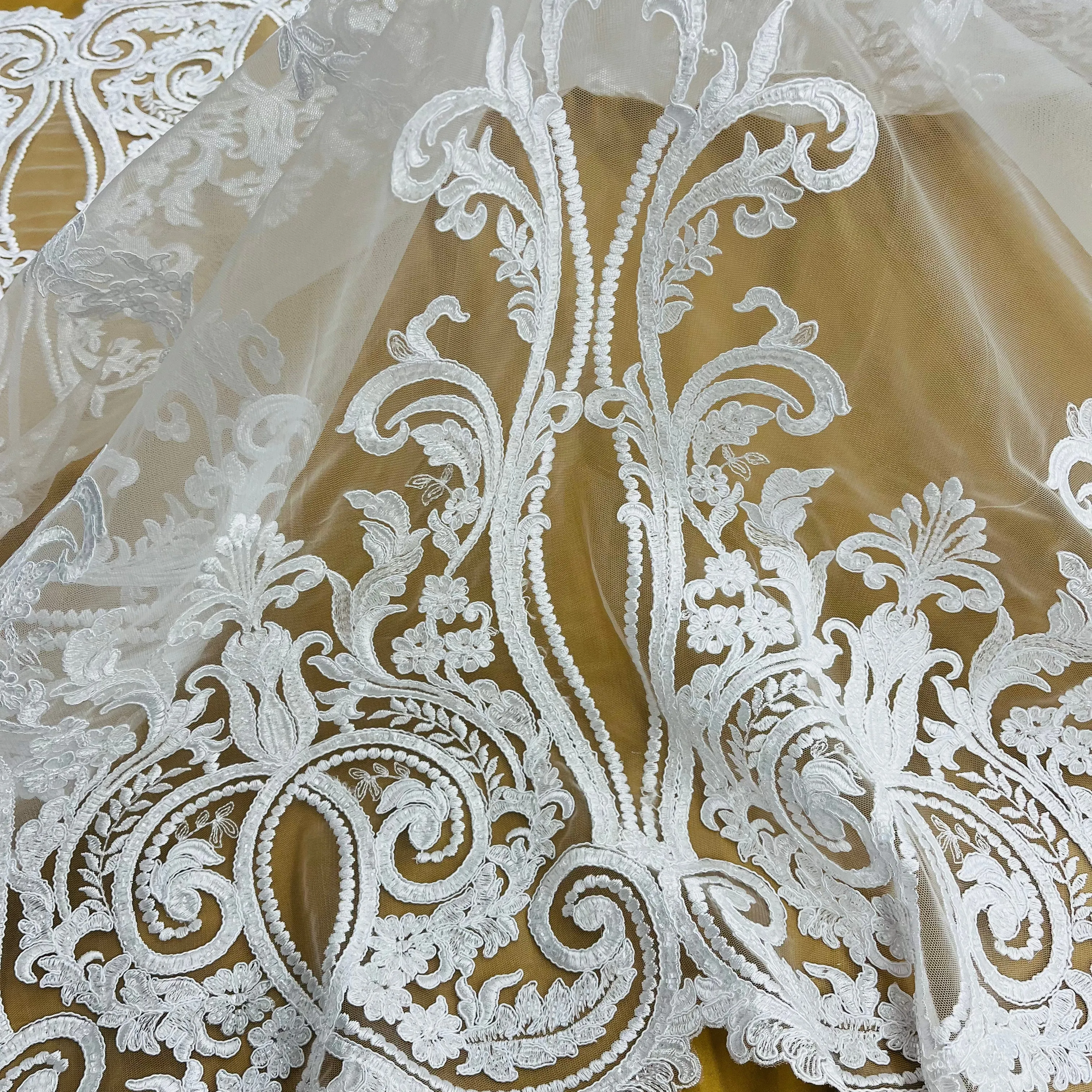 Beaded & Corded Bridal Lace Fabric Embroidered on 100% Polyester Net Mesh | Lace USA - 97206W-HB