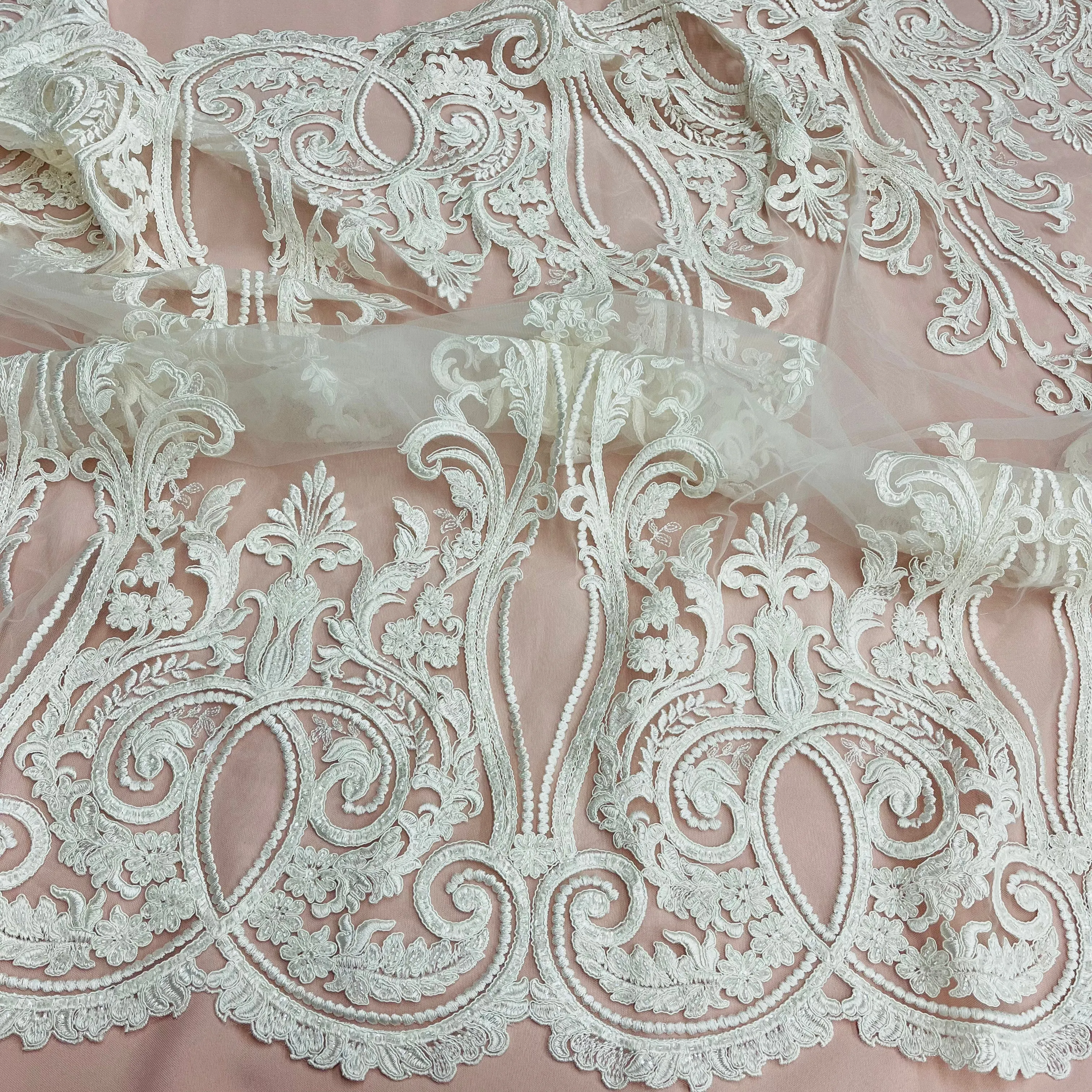 Beaded & Corded Bridal Lace Fabric Embroidered on 100% Polyester Net Mesh | Lace USA - 97206W-HB