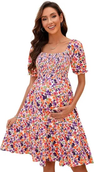 BeautyNee Floral Print Maternity Dress Short Puff Sleeve Square Neck Ruffle Hem Casual Swing Pregnancy Dresses