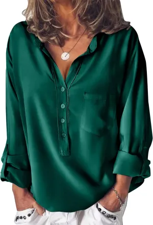 Beyove Satin Blouses for Women Button Down Silky Shirts V Neck Roll Up Long Sleeve Casual Loose Office Work Tops