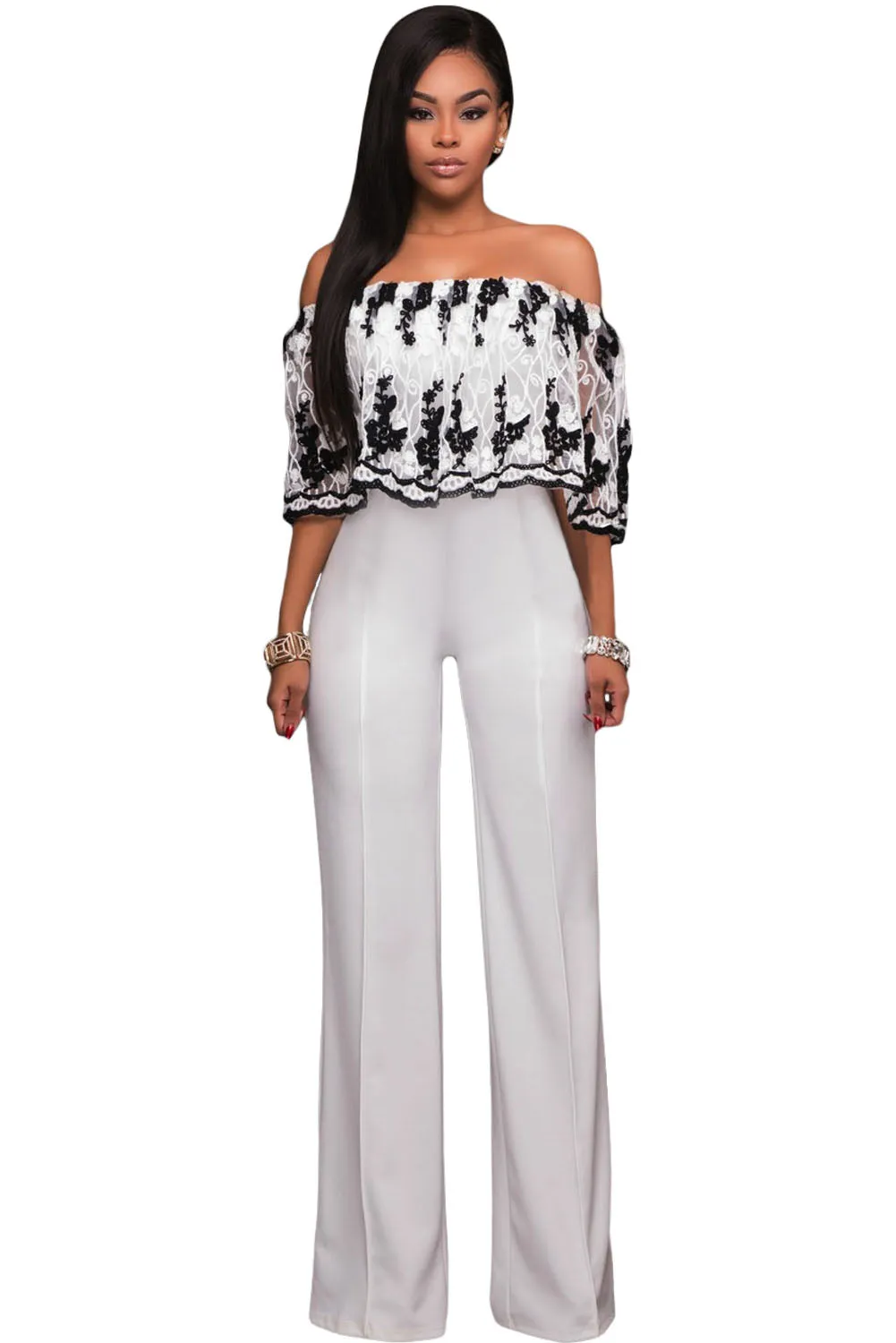 Black Embroidery Ruffle Overlay Strapless Jumpsuit