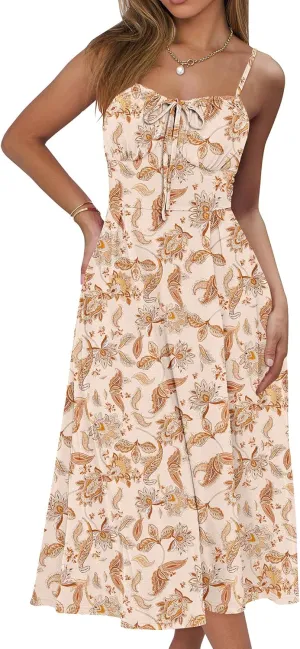 Caracilia Women Summer Floral Corset Midi Sundress Casual Spaghetti Strap Beach Vacation Wedding Guest Milkmaid Dress Pockets
