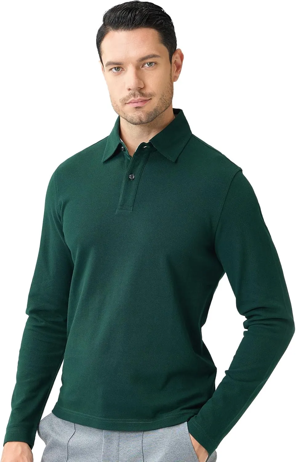 Cotton Pique Polo Shirts for Men Long Sleeve Casual Comfort Moisture Wicking Regular Fit