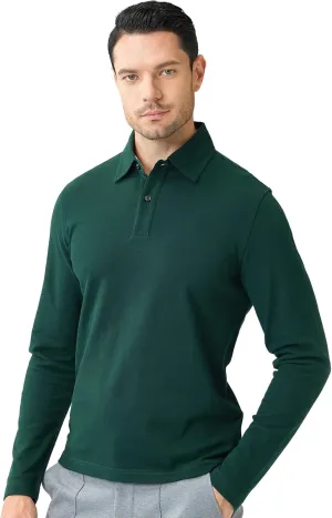 Cotton Pique Polo Shirts for Men Long Sleeve Casual Comfort Moisture Wicking Regular Fit