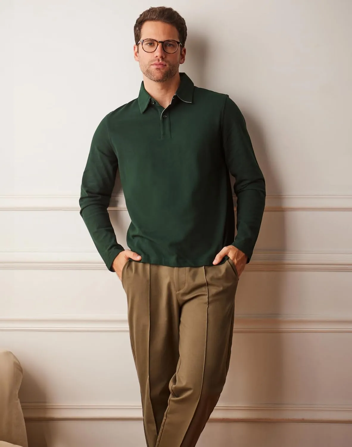 Cotton Pique Polo Shirts for Men Long Sleeve Casual Comfort Moisture Wicking Regular Fit