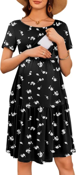 Ekouaer Nursing Dress Summer Short Sleeve Breastfeeding Casual Knee Length Maternity Dresses S-XXL