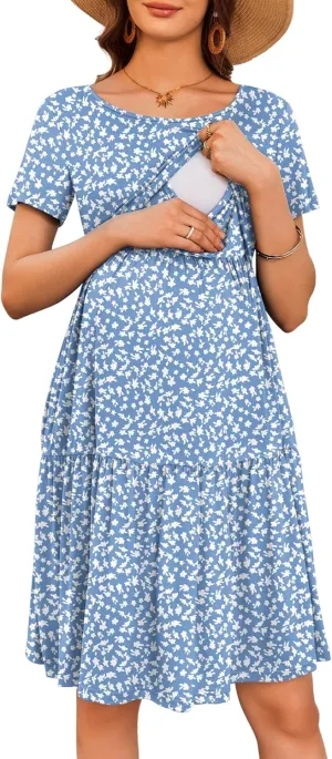 Ekouaer Nursing Dress Summer Short Sleeve Breastfeeding Casual Knee Length Maternity Dresses S-XXL