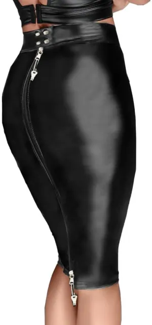 Fetish Queen Ladies Sexy Lockable Sheath Knee-Length Skirts Women High Waist Elegant Faux PU Leather Skinny Pencil Skirt