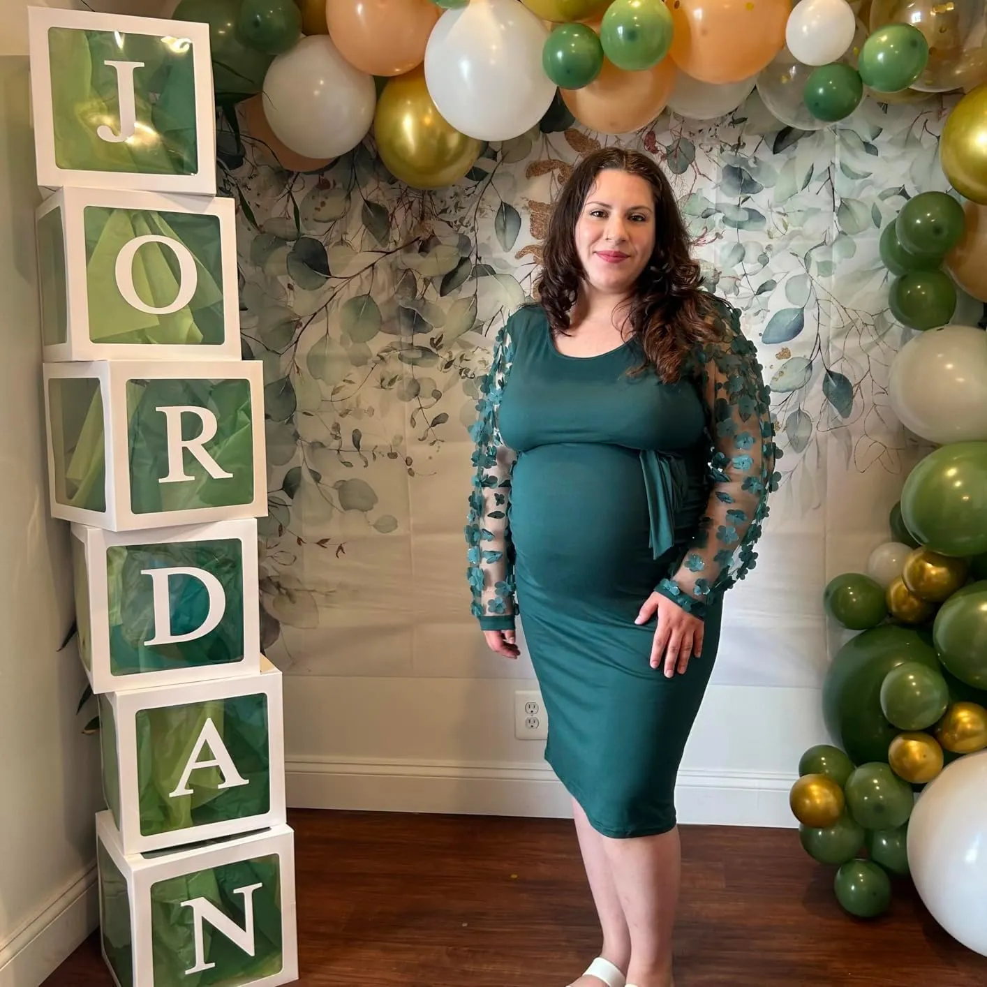 Floral Mesh Bishop Long Sleeve Maternity Midi Dress, Fall Maternity Bodycon Dress for Baby Shower/Photoshoot