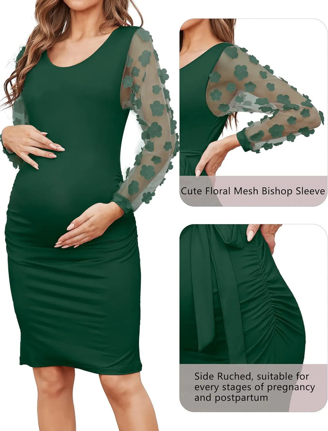 Floral Mesh Bishop Long Sleeve Maternity Midi Dress, Fall Maternity Bodycon Dress for Baby Shower/Photoshoot
