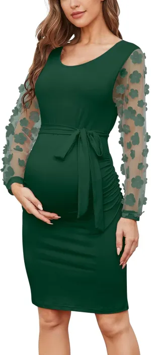 Floral Mesh Bishop Long Sleeve Maternity Midi Dress, Fall Maternity Bodycon Dress for Baby Shower/Photoshoot