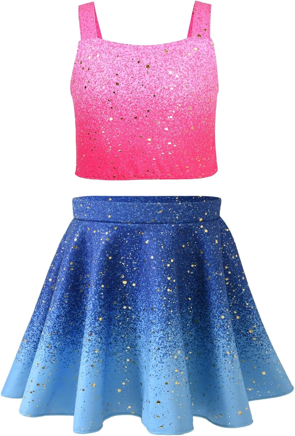 Girls Sparkly 2 Pieces Outfit Kids Crop Top and Skirt Set Birthday Music Party Dress Up