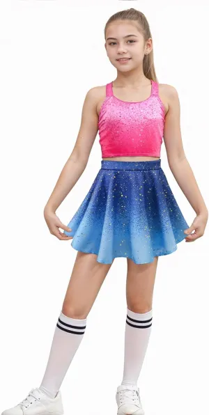 Girls Sparkly 2 Pieces Outfit Kids Crop Top and Skirt Set Birthday Music Party Dress Up