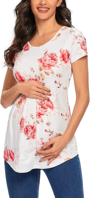 Glampunch Women's Maternity Tops Short & 3/4 Sleeve Round Neck Front Pleat Peplum Tunic Top Pregnancy Shirts
