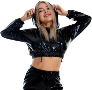 IMEKIS Women's Shiny Crop Top Hoodie Metallic Rave Casual Long Sleeve Hooded Pullover Workout Sweatshirt Disco Dance Clubwear