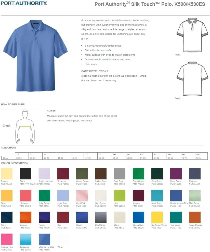 INK STITCH Men K500 Custom Stitching Silk Touch Polo Custom Shirts - 37 Colors