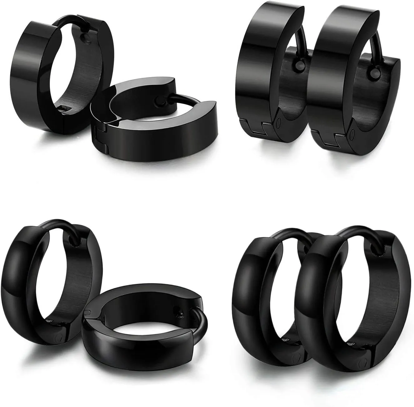 LIEBLICH Huggie Stud Earrings Black Small Hoop Stainless Steel Earrings for Men Women 4 Pairs 2 Styles (Black)