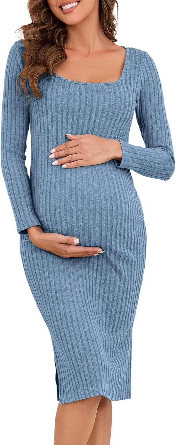 Long Sleeve Maternity Sweater Dress,Knit Ribbed Maternity Bodycon Dress for Photoshoot/Baby Shower