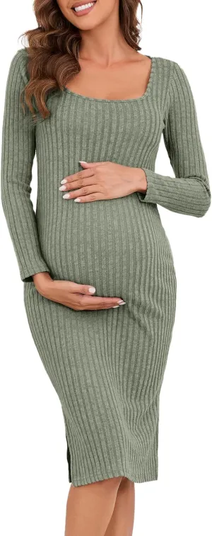 Long Sleeve Maternity Sweater Dress,Knit Ribbed Maternity Bodycon Dress for Photoshoot/Baby Shower
