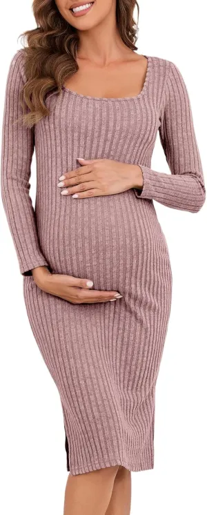 Long Sleeve Maternity Sweater Dress,Knit Ribbed Maternity Bodycon Dress for Photoshoot/Baby Shower