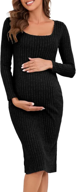 Long Sleeve Maternity Sweater Dress,Knit Ribbed Maternity Bodycon Dress for Photoshoot/Baby Shower