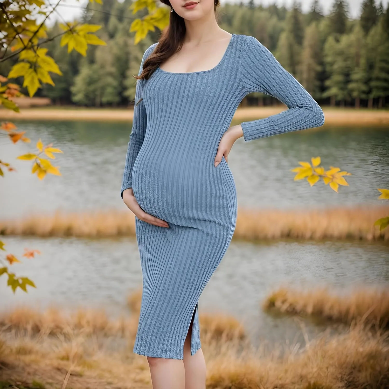 Long Sleeve Maternity Sweater Dress,Knit Ribbed Maternity Bodycon Dress for Photoshoot/Baby Shower