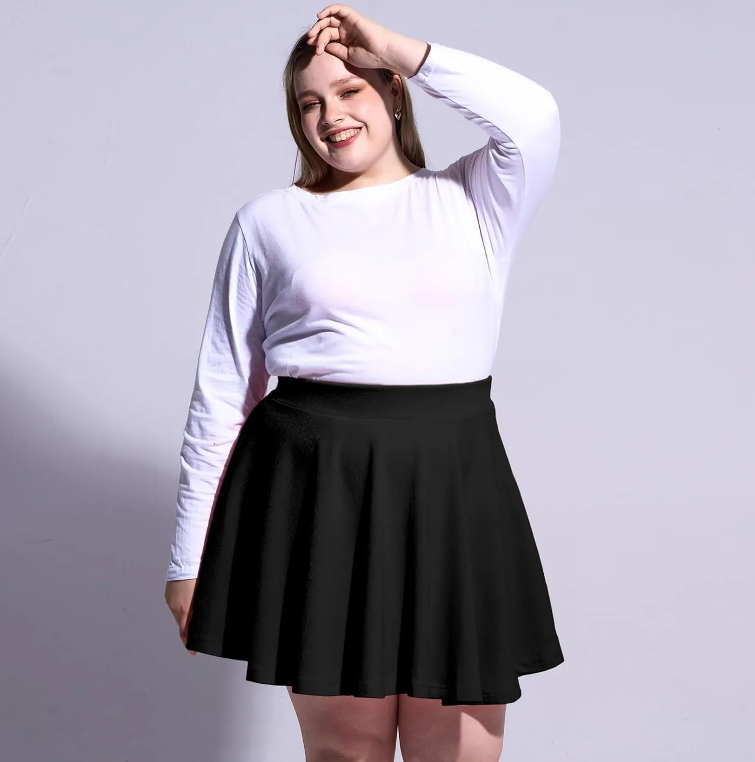Moon Wood Women's Plus Size Mini Skater Skirt- Basic Versatile High Waisted Flared Casual Stretchy Skirts