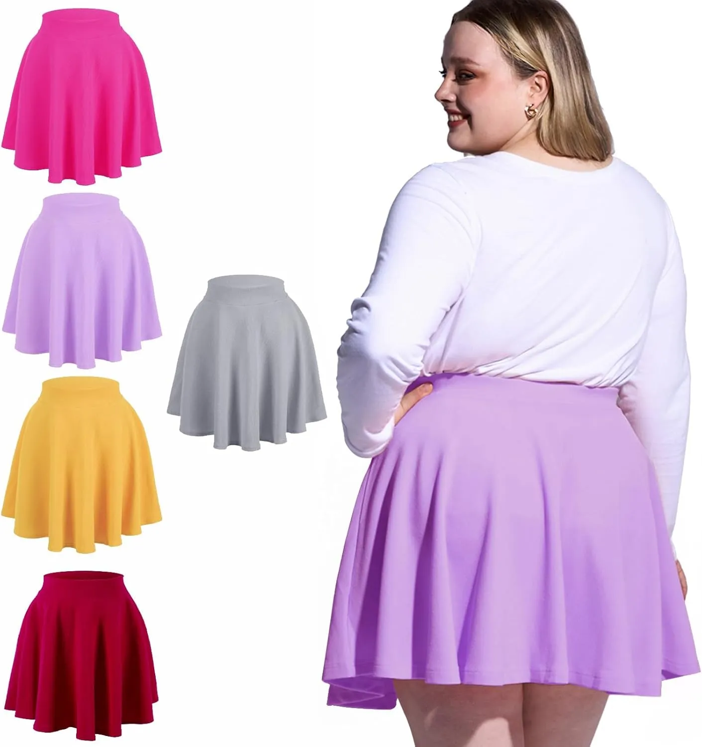 Moon Wood Women's Plus Size Mini Skater Skirt- Basic Versatile High Waisted Flared Casual Stretchy Skirts