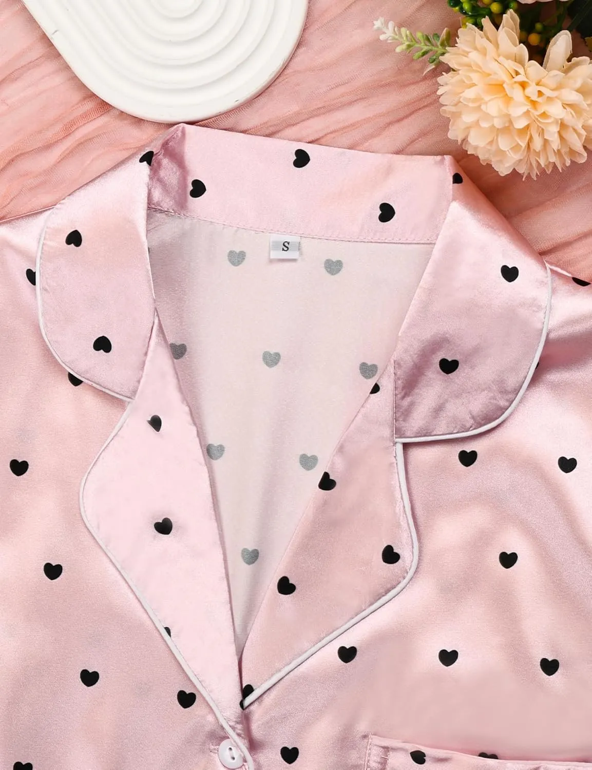 MORFORU Silk Pajama Set for Women 4 Piece Satin Pajamas Pjs with Eye Mask, Headband, Button Down Sleepwear Lounge Set