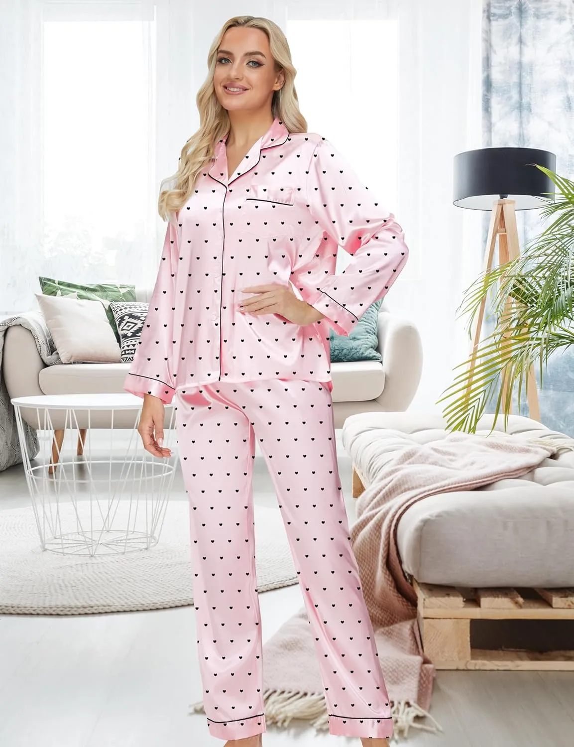 MORFORU Silk Pajama Set for Women 4 Piece Satin Pajamas Pjs with Eye Mask, Headband, Button Down Sleepwear Lounge Set