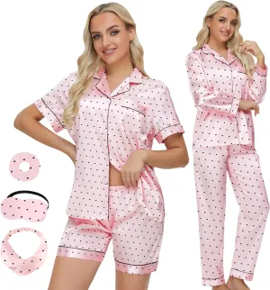MORFORU Silk Pajama Set for Women 4 Piece Satin Pajamas Pjs with Eye Mask, Headband, Button Down Sleepwear Lounge Set