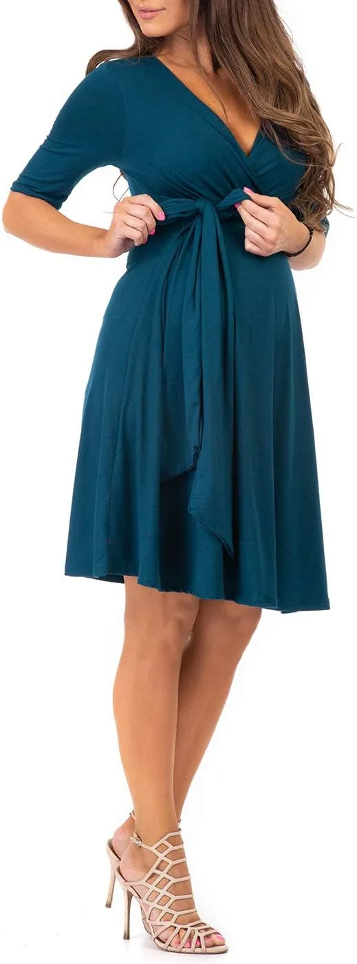 Mother Bee Maternity Knee Length Wrap Dress with Adjustable Belt