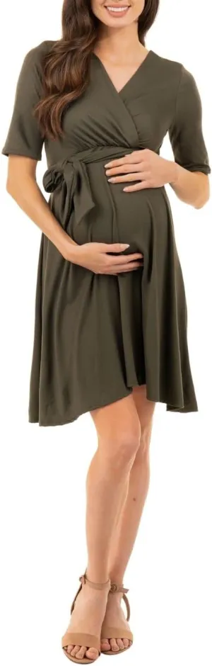 Mother Bee Maternity Knee Length Wrap Dress with Adjustable Belt