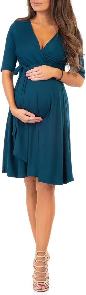 Mother Bee Maternity Knee Length Wrap Dress with Adjustable Belt