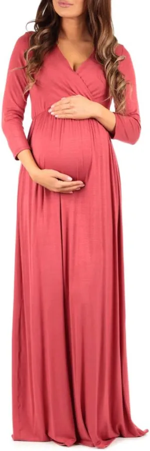Mother Bee Maternity V-Neck 3/4 Sleeve Ruched Waist Dress
